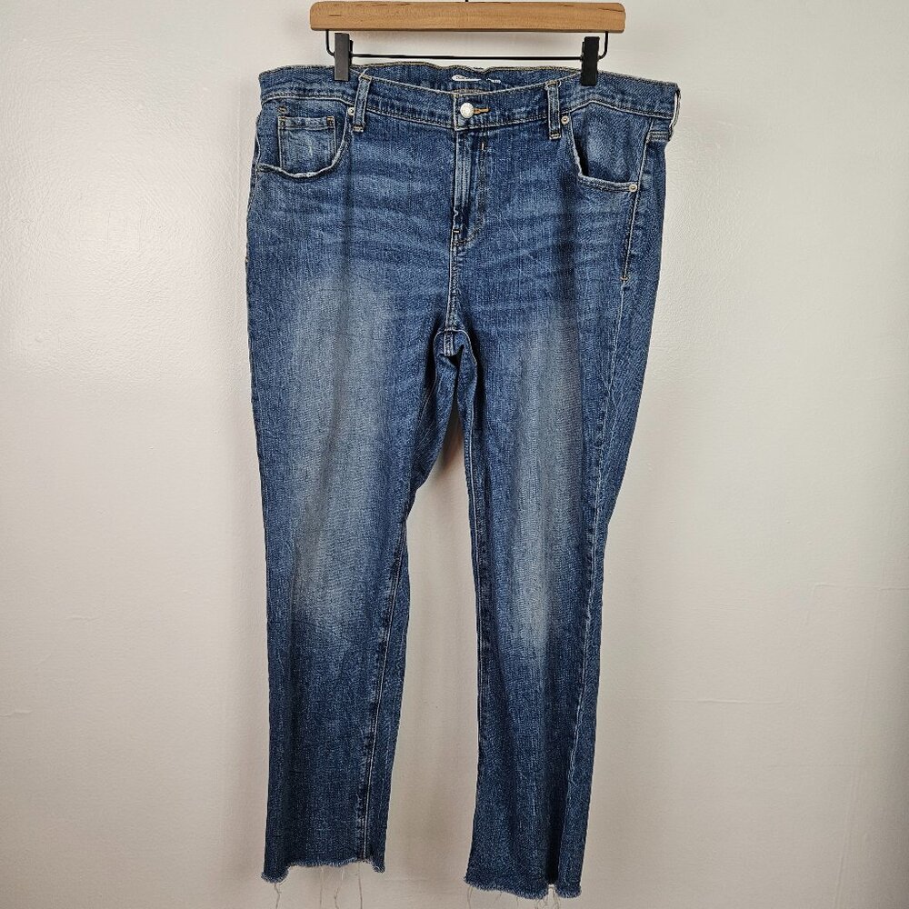 Old Navy Boyfriend Jeans Raw Hem Women's Sz 16 Aspen Wash Indigo Mid Rise